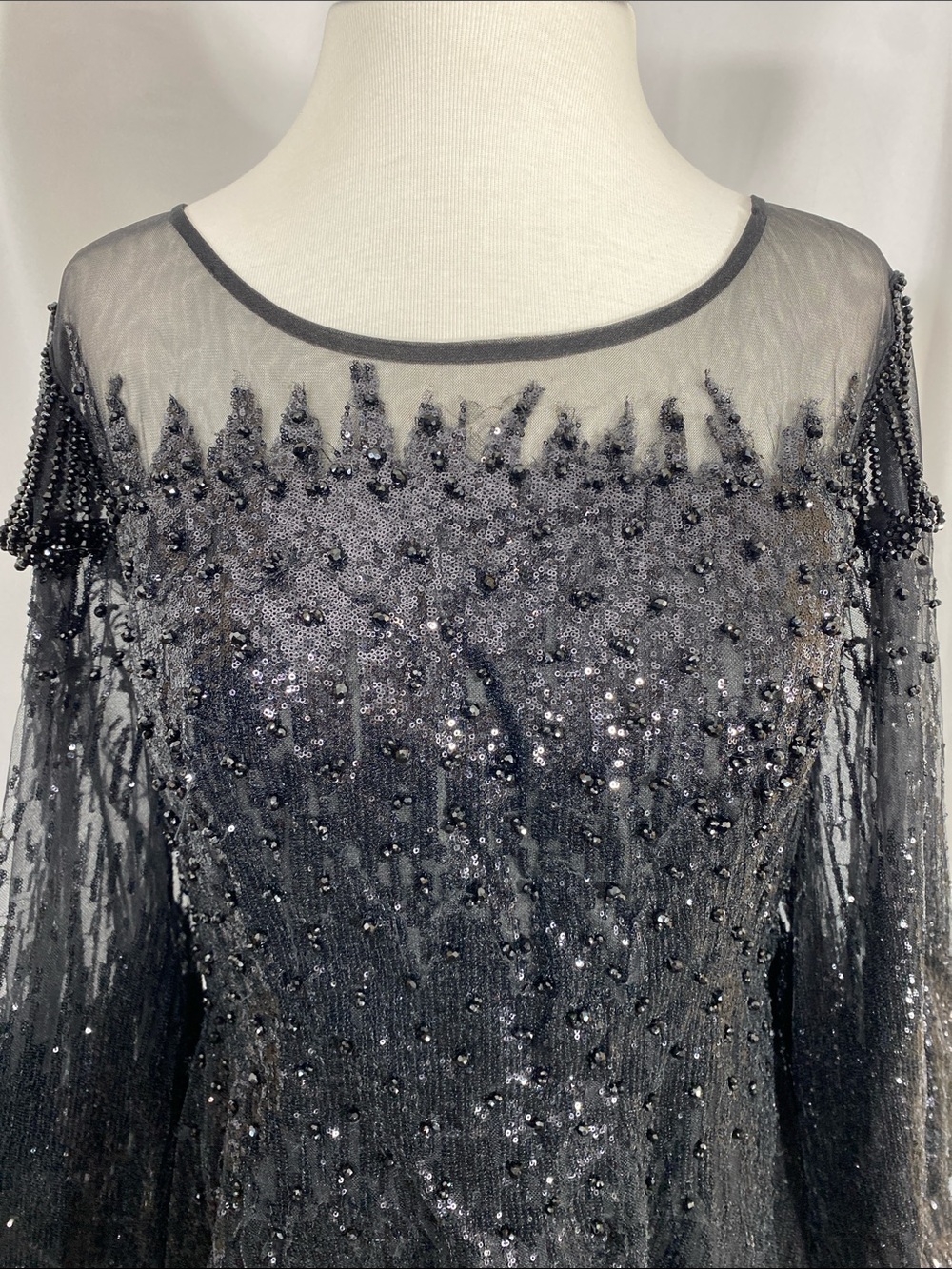 Mac Duggal Black Jewel Encrusted Illusion Long Sleeve A-line Gown Size 14 NWT - Picture 5 of 16